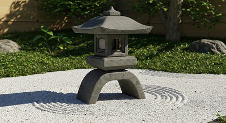Stone lantern stands in a raked gravel garden