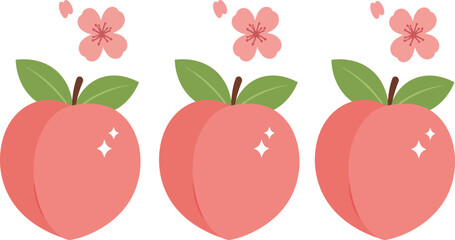 Three ripe fuzzy peaches with green leaves and pink petals floating around them isolated on transparent background