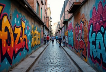 Fototapeta premium vibrant street art murals alley colorful urban expression graffiti masterpieces culture creativity, painting, textured, design, court, canvas, wall, neighborhood