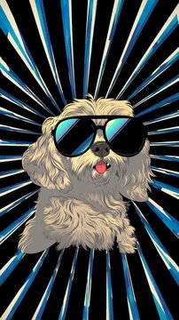 Stylized illustration of a dog wearing sunglasses, viewed from a low angle. Retro pop art style, ideal for a playful video theme. Live mobile wallpaper.