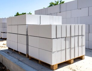 Stacked white concrete blocks on wooden pallets
