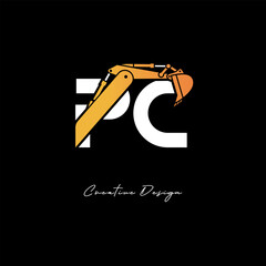 PC Excavator Arm Construction Logo - Bold Industrial Letter mark Design for Heavy Equipment, Contractor Branding & Modern Engineering Identity