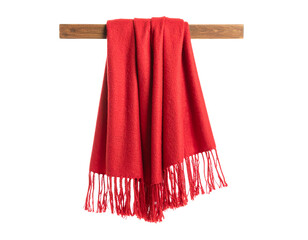 Red Scarf Draped on Wooden Peg with Tassels Hanging Freely, Natural Decor Style PNG