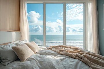 Minimalist interior design for a modern bedroom with a large panoramic floor-to-ceiling window offering a breathtaking lake view, Generative AI