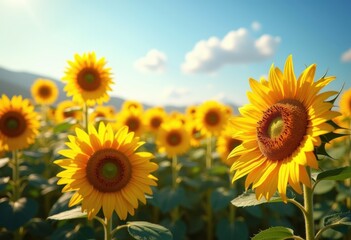 Fototapeta premium vibrant sunflower field blossoming under clear blue sky harvest colors nature radiance foliage flora, cloud, landscape, petal, yellow, green, garden, horizon