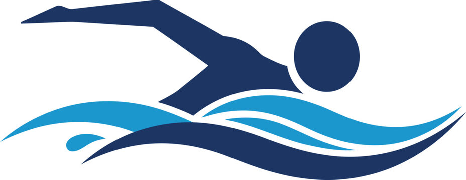 Stylized silhouette of a swimmer in motion with blue waves isolated on transparent background