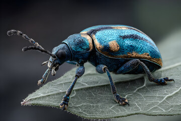 Fototapeta premium Tiny beetle diligently navigates the intricate landscape of a vibrant green leaf, showcasing nature's quiet determination and delicate balance in the insect world.