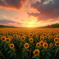 vibrant sunflower fields under dramatic sky colorful clouds golden blooms picturesque outdoor landscape, nature, yellow, scenery, petal, horizon, spring