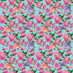 Flat vector pink sakura cherry blossoms and roses seamless pattern texture.