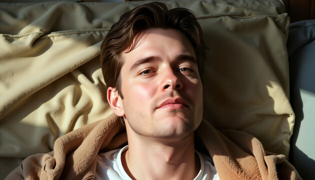 Man lying on couch with closed eyes in soft light for World Mental Health Day  