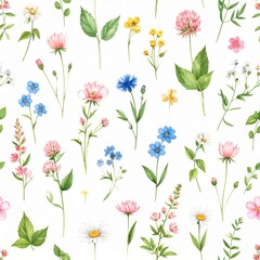 Vibrant watercolor wildflowers bloom creating a cheerful and natural seamless pattern for spring and summer designs