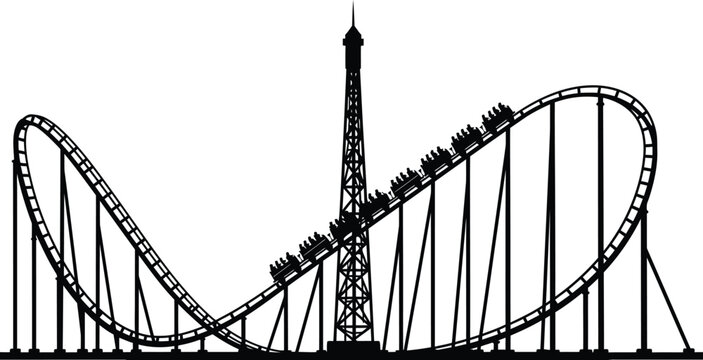 Black and white illustration of a complex roller coaster with a drop tower in the center isolated on transparent background