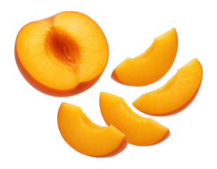 Fresh peach slices and a half peach are arranged on a white background, showcasing the vibrant orange color and juicy texture of the fruit.