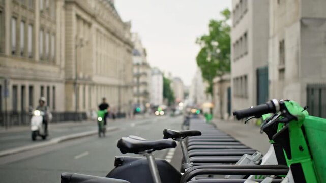 Bicycles parked on the streets of Paris. Trips travel and tourism in the capital of France.