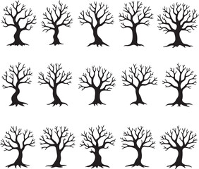Obraz premium Seasons of the Tree: A Collection of Stylized Silhouettes, Bare Beauty: Minimalist Tree Designs in Black Ink, Abstract Tree Silhouettes for Design and Art Projects,