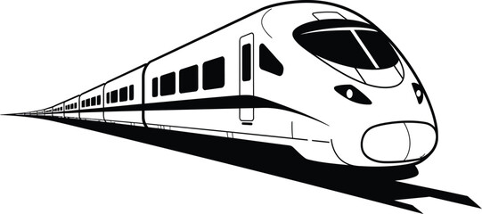 Modern high speed passenger train traveling on tracks with a shadow isolated on transparent background