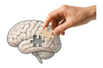 A hand places a puzzle piece into a corresponding cutout on an illustrated brain, symbolizing concepts of mental health, cognition, and problem-solving.
