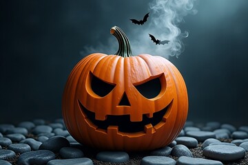 A Halloween pumpkin (jack-o-lantern) with smoke flowing out, 2 bats flying in the smoke, in an eerie misty background 