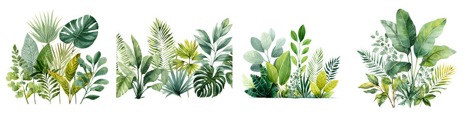 Watercolor Tropical Foliage Collection: Green Leaves and Botanical Elements