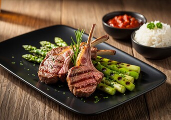 Grilled Lamb Chops with Asparagus on Black Plate – Gourmet Fine Dining Presentation