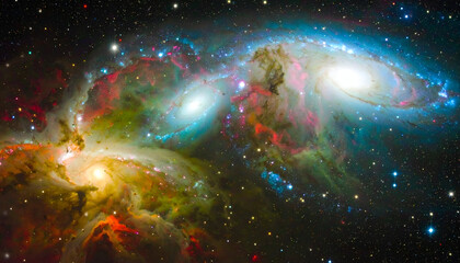 A Celestial Trio: Interacting Galaxies Paint the Cosmos with Vibrant Nebulae