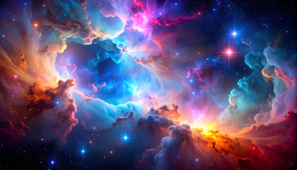 A Celestial Symphony of Luminous Gas Clouds in Hues of Magenta, Blue, and Gold
