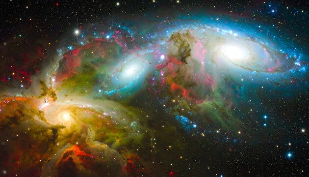 A Celestial Trio: Interacting Galaxies Paint the Cosmos with Vibrant Nebulae