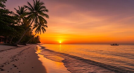 Tropical beach at sunrise with palm trees and a small boat.