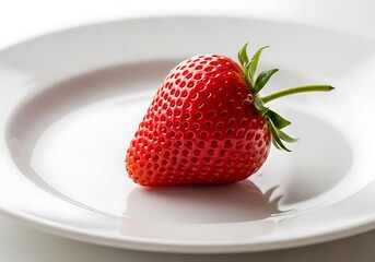 A single, vibrant red strawberry rests on a white plate.