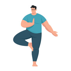 Plus size man standing in one foot yoga standing flat style illustration