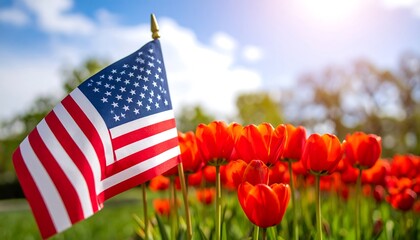 Small American flag stands among vibrant red tulips on a sunny day