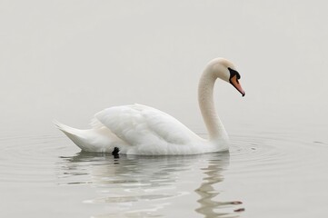Fototapeta premium Elegant swan swimming calm lake, misty background, nature serenity
