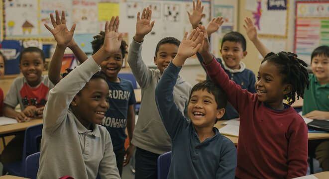 Joyful group of diverse young elementary students raising hands in a vibrant, interactive classroom.