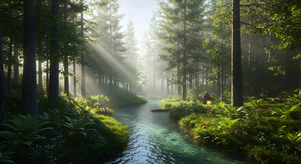Obraz premium Sunlight Through a Forest Stream