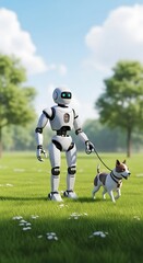 White robot walks a dog in a park.