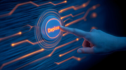 A hand is pressing a "Deploy" button surrounded by glowing circuitry, symbolizing technology and action in a digital environment.