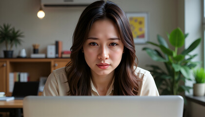 Young woman looking serious while working on a laptop at home - Concept of World Mental Health Day  