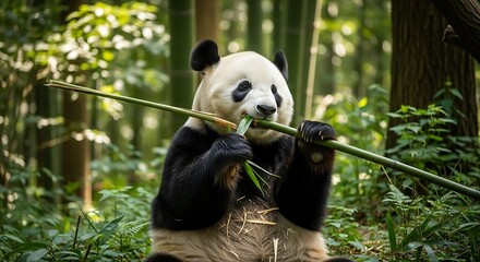 Obraz premium Panda eating bamboo in a forest.