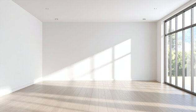 Bright, Empty Modern Room with Sunlit Wooden Floor and Window Shadows
