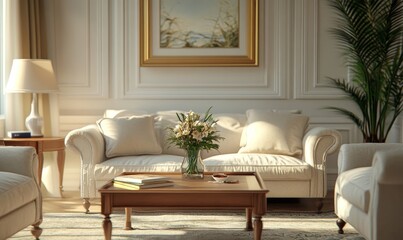 Interior creation of a living room with armchairs and coffee tables, contributing to a functional and comfortable space. 3D animation rendering, Generative AI