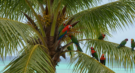 Obraz premium Colorful Parrots Perched on a Tropical Palm Tree