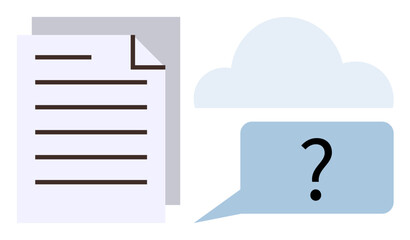 Cloud with speech bubble featuring question mark alongside folded paper document. Ideal for data storage, cloud computing, file management, information search, digital communication, tech concepts © robu_s