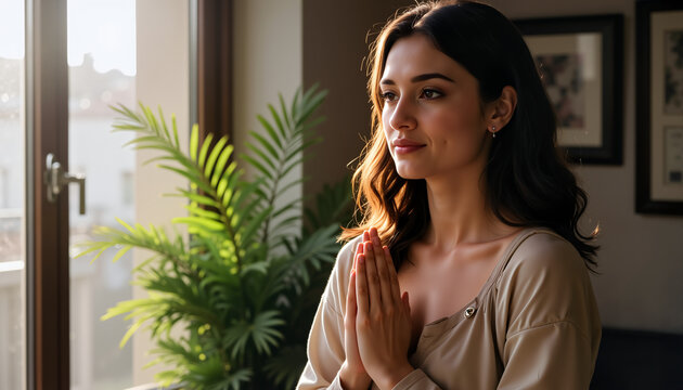 Young woman practicing mindfulness and meditation at home for World Mental Health Day   - Powered by Adobe