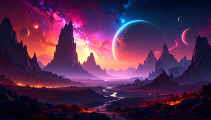 Celestial Vista: Jagged Peaks Under a Vibrant Cosmic Nebula Sky