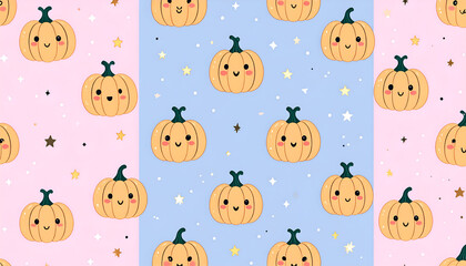 Obraz premium Charming Kawaii Pumpkin Pattern with Smiling Faces on a Split Pink and Blue Starry Background