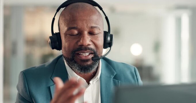 Black man, agent or discussion with headset in call center for customer service or advice in office. Mature, businessman or consultant talking with mic for virtual assistance or online communication