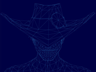 A low polygonal wireframe man wears a cowboy hat with geometric details. The stylized 3D figure stands against a solid blue background. Angular edges create a modern digital aesthetic.