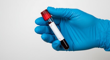 Close up hand Medical wearing blue nitrile glove holding a blood sample tube for laboratory analysis. Concept of healthcare, diagnostics, and scientific research.