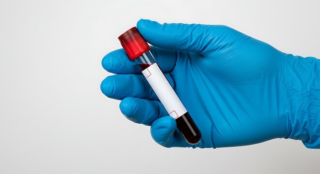 Close up hand Medical wearing blue nitrile glove holding a blood sample tube for laboratory analysis. Concept of healthcare, diagnostics, and scientific research.
