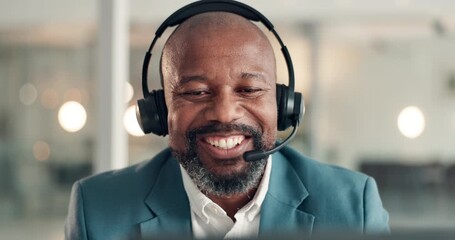Happy, black man or consultant with headset in call center for customer service or advice in office. Mature, businessman or agent talking with smile for virtual assistance or online help in workplace - Powered by Adobe